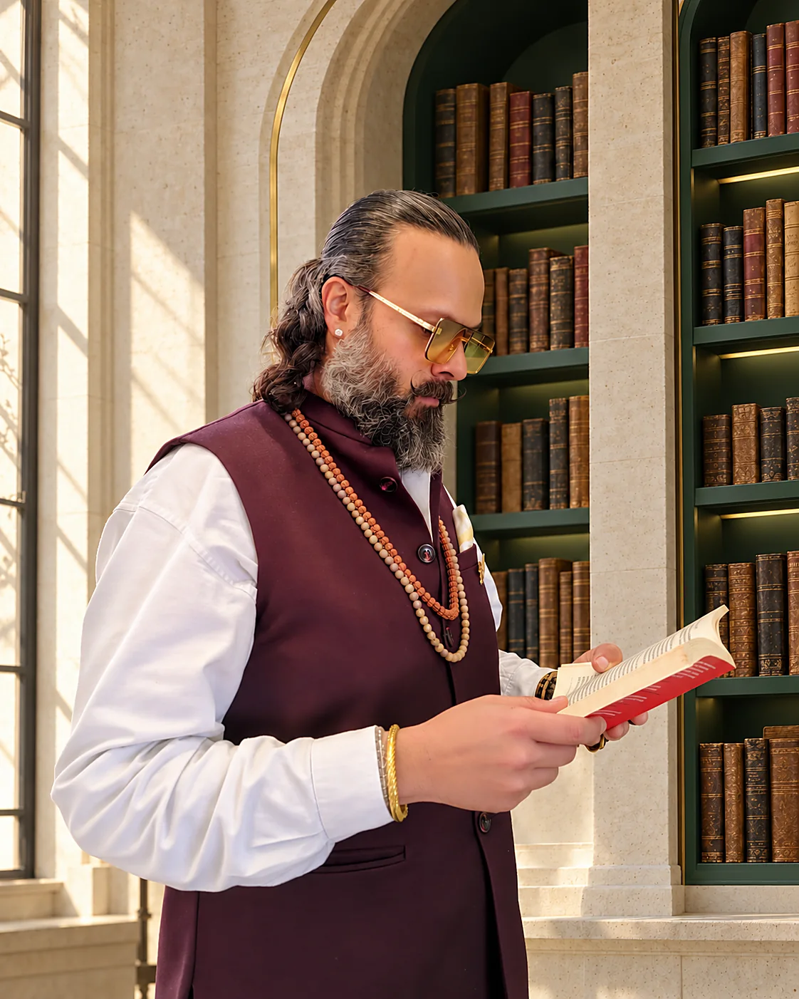 Pavan Mulani reading in a stone library
