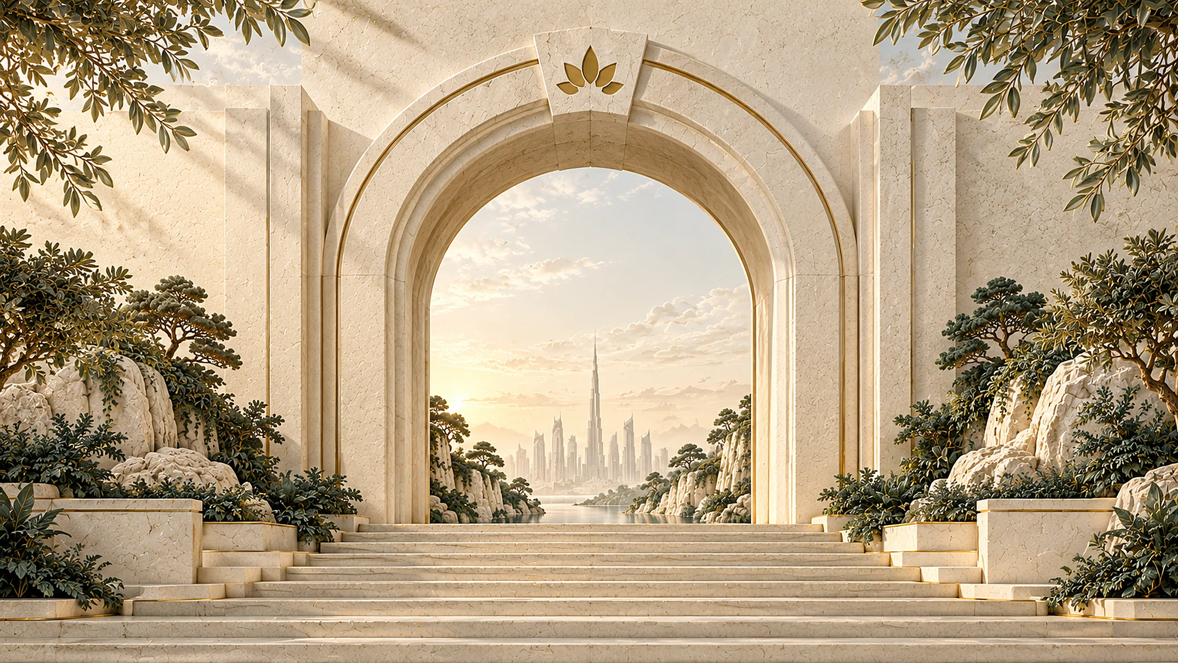 A carved limestone gate with a gold lotus, opening onto the Dubai skyline at dawn