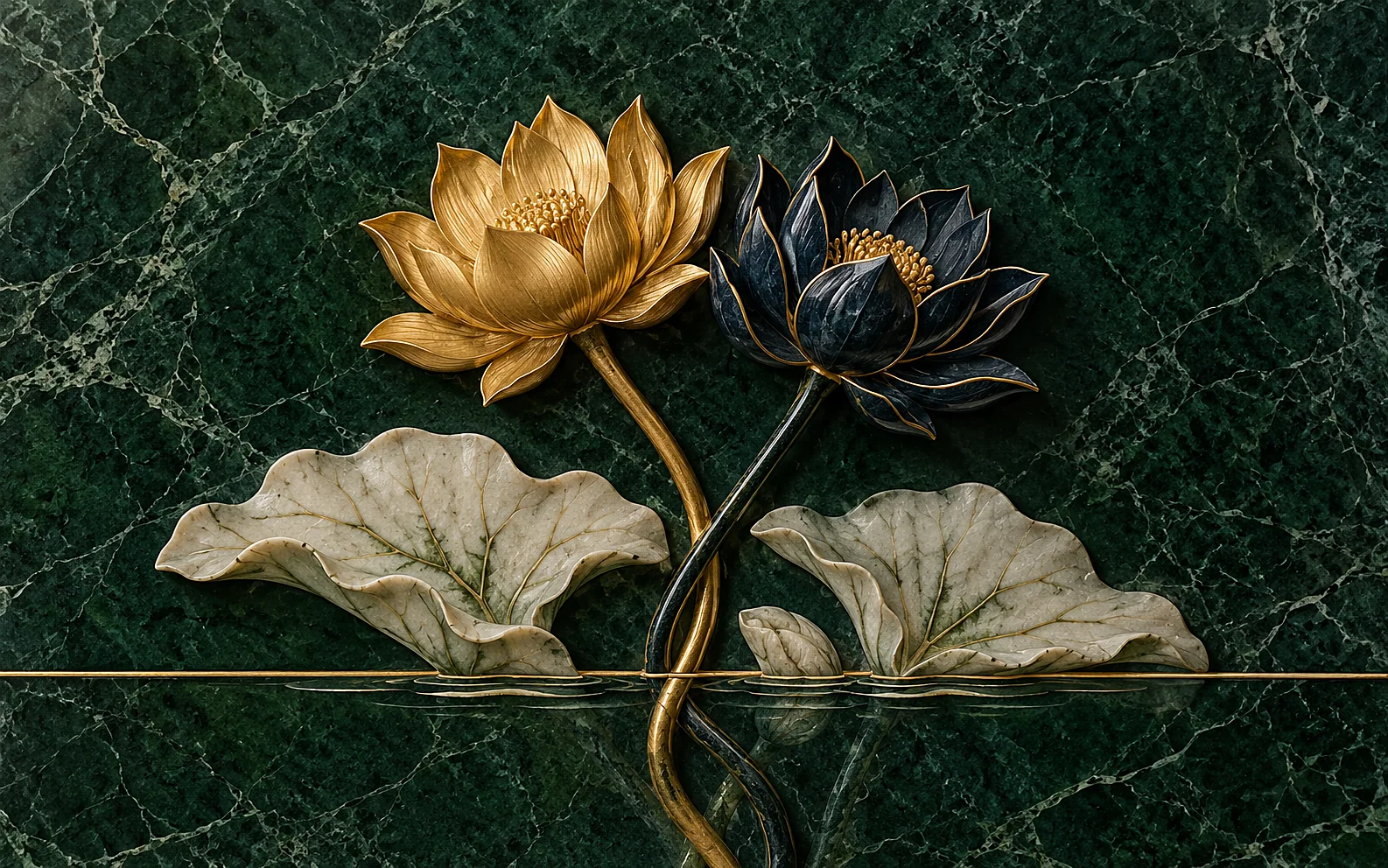 Two lotuses rising together from still water, one in gold for Radha and one in deep blue for Shyam, their stems intertwined