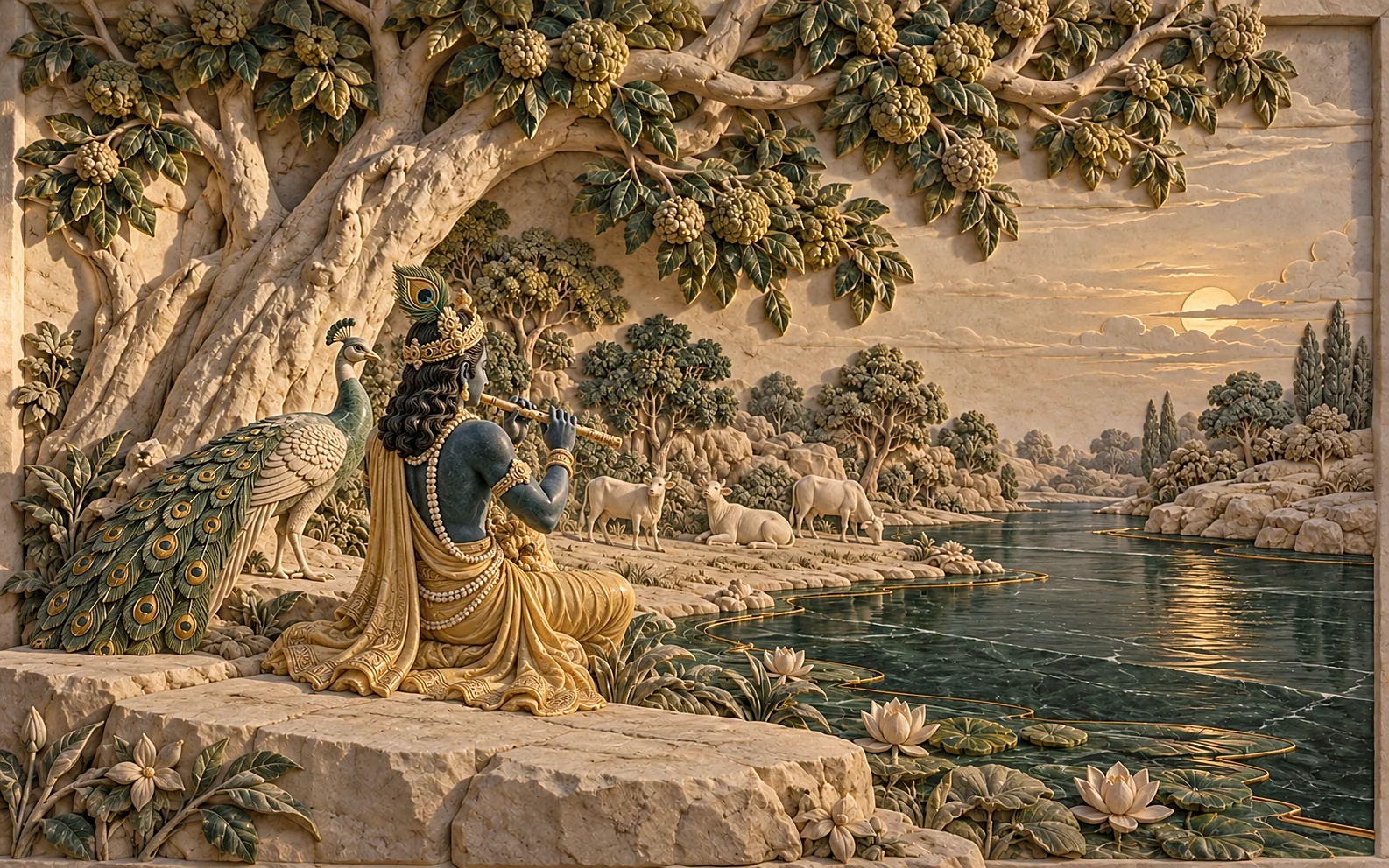 Shri Krishna seated beneath the kadamba tree by the Yamuna, playing the bansuri, with cows and a peacock nearby, carved in stone